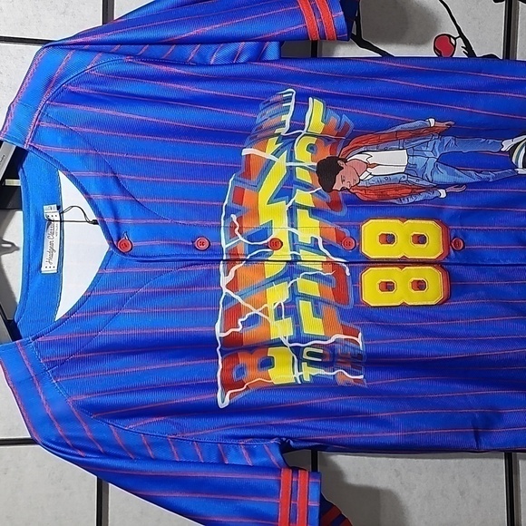Back to the Future Marty McFly Pinstripe Baseball Jersey Size Large NWT - Picture 2 of 12